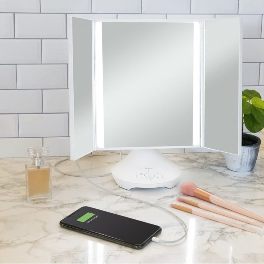 iHome Beauty Vanity Mirror Unisex 15x9 White Bluetooth Speaker ICVBT40 Trifold